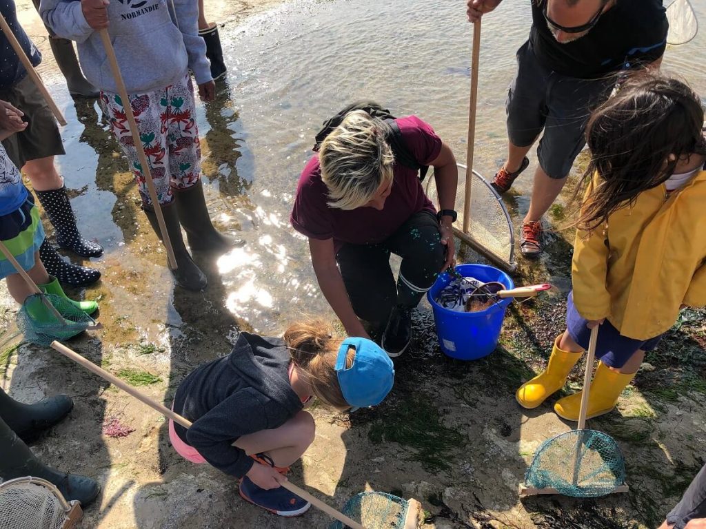 Accroupie près d'une flaque, sur la plage à marée basse, Chrsitelle, guide à l'Office de Tourisme explique aux enfants et aux parents attentifs les secrets de la pêche à pied.