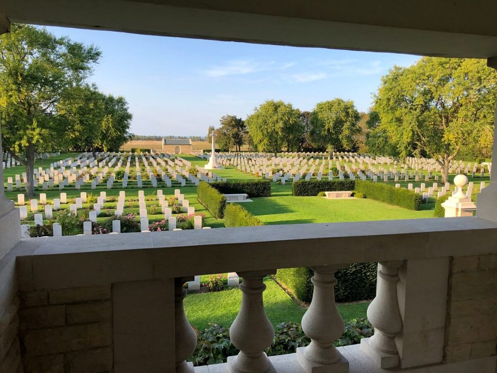 View of the headstones in the Beny-Reviers Canadian Cemetery from the lookout.