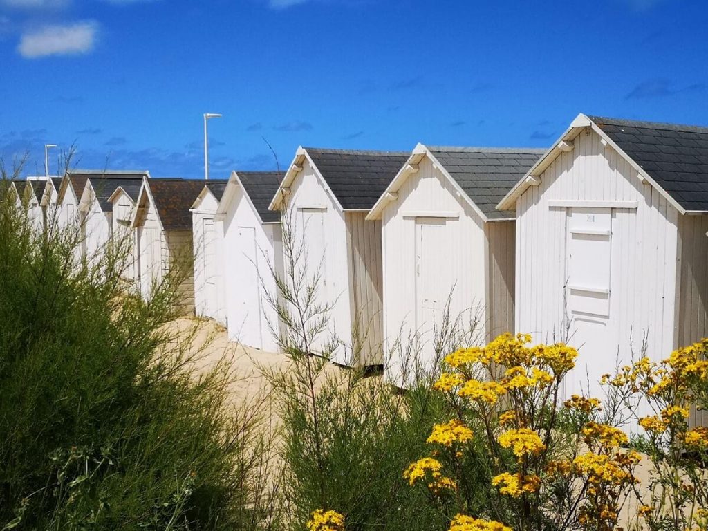 Derrière une végétation verte tendre et des fleurs jaune, les pieds dans le sable s'alignent les cabines de plage, blanches aux toits d'ardoise de Bernières-sur-Mer.