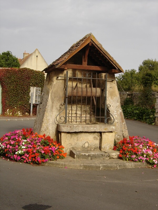 Le puits d'Anisy entourée de deux parterres de fleurs rose, orange et rouges : de forme trapézoïdale il est surmonté d'un toit en tuile, la charpente est posée directement sur les parois du puit. Derrière la grille on peut voir l'axe en bois autour duquel s'enroulait la corde du sceau.