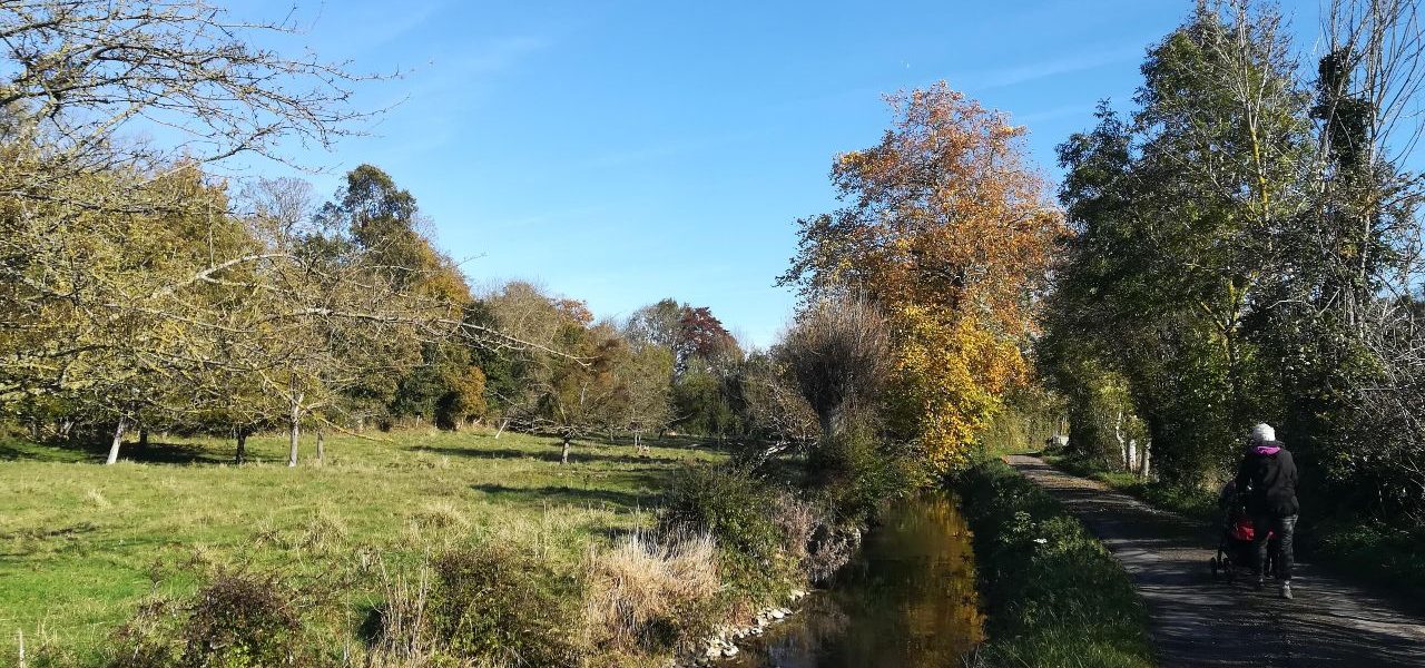 Une petite rivière calme bordée d'arbres aux couleurs d'automne, avec un chemin de terre à droite où marche une personne.